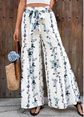 Floral Print White Flare Leg Elastic Waist Pants