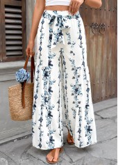 White bottoms,Floral bottoms,Plants bottoms,Floral Print White Flare Leg Elastic Waist Pants