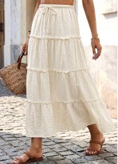 Beige bottoms,Plain Color bottoms,Beige Maxi Elastic Waist A Line Skirt
