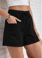 Black bottoms,Plain Color bottoms,Black Elastic Waist High Waisted Shorts
