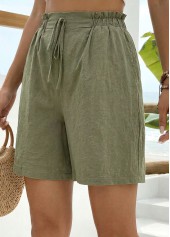 Green bottoms,Plain Color bottoms,Green Elastic Waist High Waisted Shorts