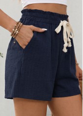 Navy bottoms,Plain Color bottoms,Navy Elastic Waist High Waisted Shorts