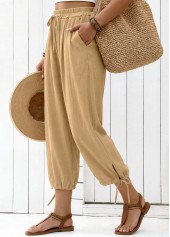 Light Camel bottoms,Plain Color bottoms,Light Camel Elastic Waist High Waisted Pants