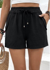 Black bottoms,Plain Color bottoms,Black Elastic Waist High Waisted Shorts