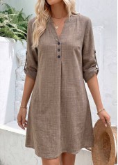 Gray Brown dresses,Plain Color dresses,Everyday dresses,Casual dresses,ROTITA Gray Brown Tummy Coverage Short Split Neck Dress