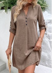 Gray Brown dresses,Plain Color dresses,Everyday dresses,Casual dresses,ROTITA Gray Brown Tummy Coverage Short Split Neck Dress