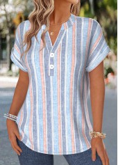 Multi Color tops,Striped tops,Geometric tops,ROTITA Tummy Coverage Multi Stripe Print Split Neck Blouse