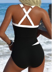 Black swimwear,Contrast Color swimwear,ROTITA Black Mid Waisted Square Neck Tankini Set