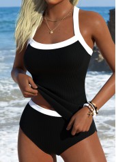 Black swimwear,Contrast Color swimwear,ROTITA Black Mid Waisted Square Neck Tankini Set