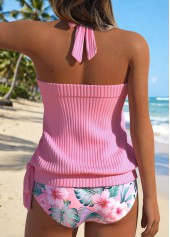 Pink swimwear,Floral swimwear,Plants swimwear,ROTITA Pink Bowknot Floral Print Mid Waisted Tankini Set