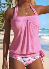 Pink swimwear,Floral swimwear,Plants swimwear,ROTITA Pink Bowknot Floral Print Mid Waisted Tankini Set