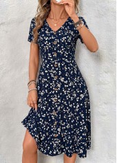 Robe Rotita bleu marine à imprimé floral ventre plat et col en V