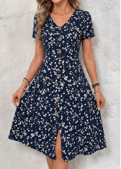 Navy dresses,Floral dresses,Plants dresses,Everyday dresses,Casual dresses,ROTITA Navy Floral Print Tummy Coverage V Neck Dress