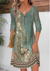 ROTITA Sage Green Random Floral Print Tuck Stitch Short Dress