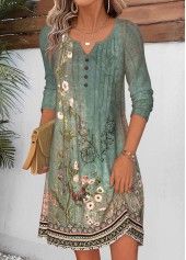 Sage Green dresses,Plants dresses,Floral dresses,Everyday dresses,Casual dresses,ROTITA Sage Green Random Floral Print Tuck Stitch Short Dress