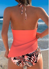 Coral swimwear,Floral swimwear,Plants swimwear,ROTITA Coral Two-piece Floral Print Mid Waisted Tankini Set