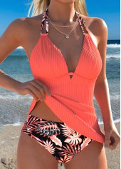 Coral swimwear,Floral swimwear,Plants swimwear,ROTITA Coral Two-piece Floral Print Mid Waisted Tankini Set