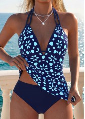 ROTITA Navy Tummy Coverage Floral Print Mid Waisted Tankini Set