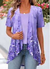 Purple tops,Floral tops,Plants tops,ROTITA Floral Print Purple Short Sleeve Fake Two Piece Twinset