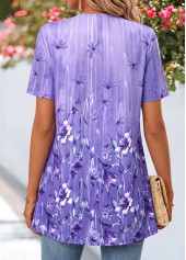 Purple tops,Floral tops,Plants tops,ROTITA Floral Print Purple Short Sleeve Fake Two Piece Twinset