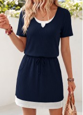 ROTITA Navy Fake 2in1 Short Round Neck Dress