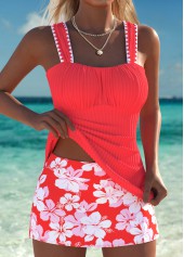 Coral swimwear,Floral swimwear,Plants swimwear,ROTITA Orange Mid Waisted Ruched Floral Print Tankini Set