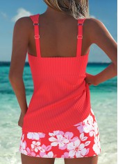 Coral swimwear,Floral swimwear,Plants swimwear,ROTITA Orange Mid Waisted Ruched Floral Print Tankini Set