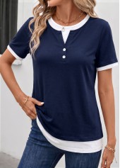 ROTITA Fake 2in1 Navy Round Neck Short Sleeve T Shirt