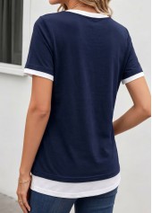 Navy tops,Contrast Color tops,ROTITA Fake 2in1 Navy Round Neck Short Sleeve T Shirt