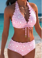 Pink swimwear,Plain Color swimwear,ROTITA Pink Mid Waisted V Neck Bikini Set