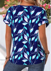 Dark Blue tops,Plants tops,ROTITA Tummy Coverage Floral Print Multi Color Split Neck Blouse