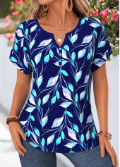 Dark Blue tops,Plants tops,ROTITA Tummy Coverage Floral Print Multi Color Split Neck Blouse