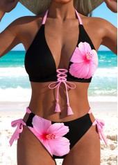ROTITA Black Lace Up Floral Print Mid Waisted Bikini Set