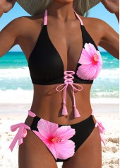 Black swimwear,Floral swimwear,Plants swimwear,ROTITA Black Lace Up Floral Print Mid Waisted Bikini Set