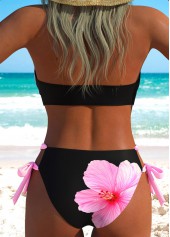 Black swimwear,Floral swimwear,Plants swimwear,ROTITA Black Lace Up Floral Print Mid Waisted Bikini Set