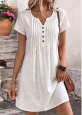ROTITA White Tuck Stitch Short Split Neck Dress