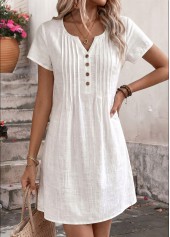 White dresses,Plain Color dresses,Everyday dresses,Casual dresses,ROTITA White Tuck Stitch Short Split Neck Dress