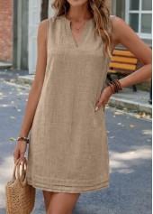 Gray Brown dresses,Plain Color dresses,Everyday dresses,Casual dresses,ROTITA Gray Brown Shirred Short Split Neck Sleeveless Dress