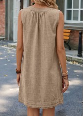 Gray Brown dresses,Plain Color dresses,Everyday dresses,Casual dresses,ROTITA Gray Brown Shirred Short Split Neck Sleeveless Dress