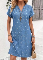 ROTITA Denim Blue Leaf Print Tummy Coverage Split Neck Dress