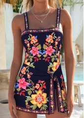 Navy swimwear,Floral swimwear,Plants swimwear,ROTITA Navy Layered Floral Print One Piece Swimdress
