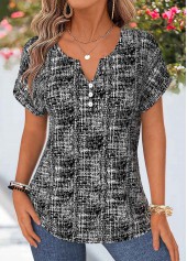 ROTITA Tummy Coverage Geometric Print Black Split Neck Blouse