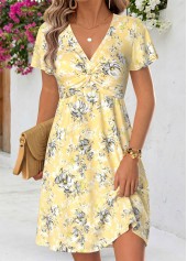 ROTITA Light Yellow Floral Print Twist Short V Neck Dress