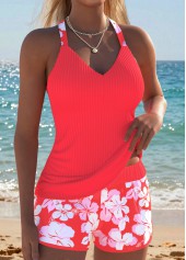 Orange swimwear,Floral swimwear,Plants swimwear,ROTITA Orange Two-piece Floral Print Mid Waisted Tankini Set