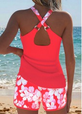 Orange swimwear,Floral swimwear,Plants swimwear,ROTITA Orange Two-piece Floral Print Mid Waisted Tankini Set