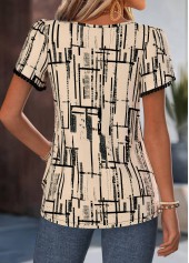Light Camel tops,Geometric tops,ROTITA Button Geometric Print Light Camel Short Sleeve Blouse