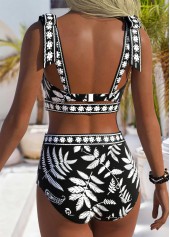Black swimwear,Plants swimwear,ROTITA Black Leaf Print Mid Waisted Bikini Set