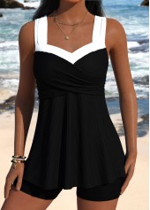 Black swimwear,Contrast Color swimwear,ROTITA Black Mid Waisted Bandeau Tankini Set
