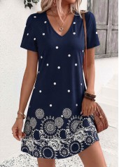 ROTITA Navy Polka Dot Tummy Coverage Short V Neck Dress