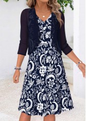 ROTITA Navy Tribal Print Two-piece V Neck Dress and Cardigan